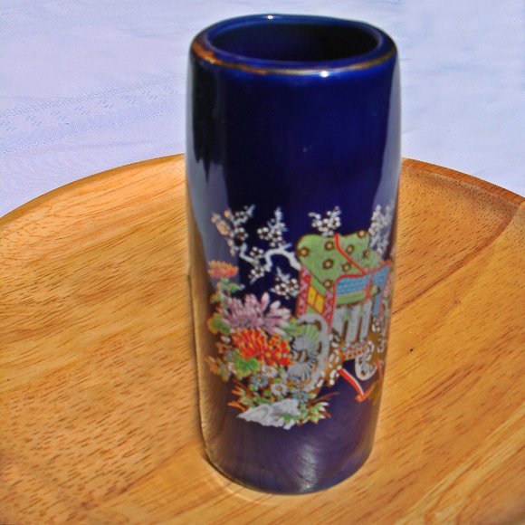 Blue Bud Vase Japan Vintage Porcelain Glass Gold Leaf Home Decor Small Vases VTG - Picture 1 of 10